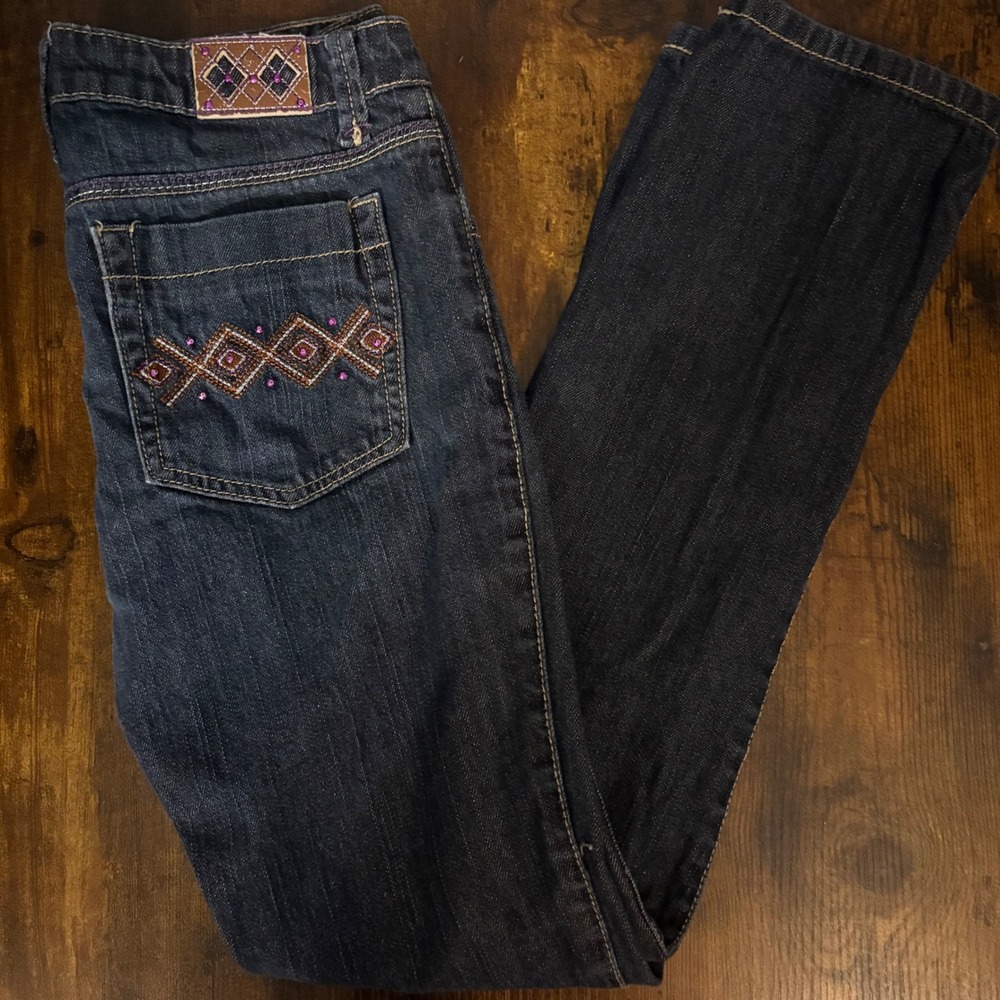 Arizona Embroidered Jeans Dark Wash Purple Pink Rhinestone Design (Girls 14) - Picture 1 of 7